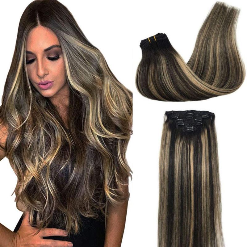 Clip in Brazilian Human Hair Extensions Full Head Remy Human Hair Straight Hair Extensions Multi Color 20 Inches