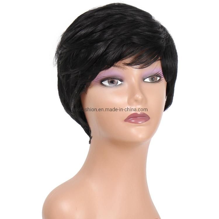 Wholesale Short Silky Straight Pixie Cut Wigs with Bangs Synthetic Black for Black Women