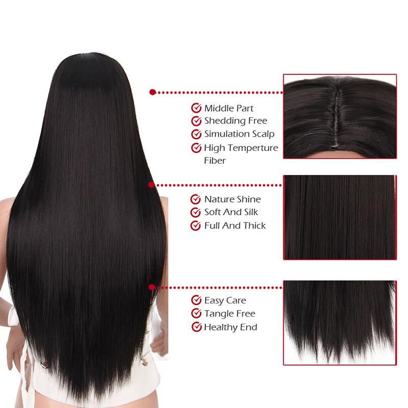 Women′ S Long Straight Hair Wigs Synthetic Middle Part Black Wig Black Color 24inch