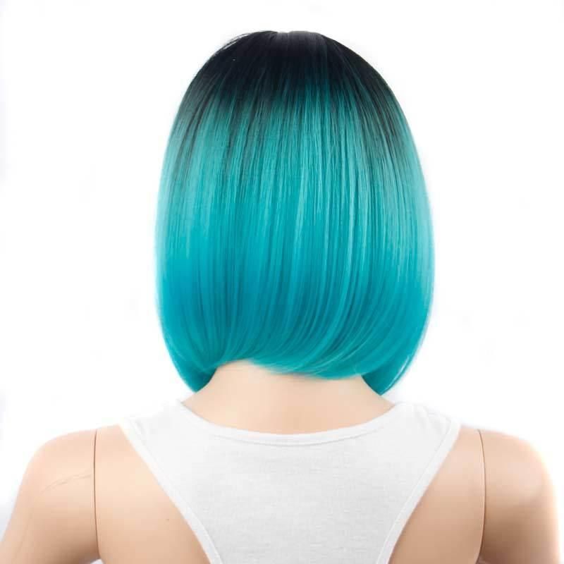 Cheap 14inch Short Silky Straight Ombre Blue Heat Resistant Fiber Synthetic Wigs