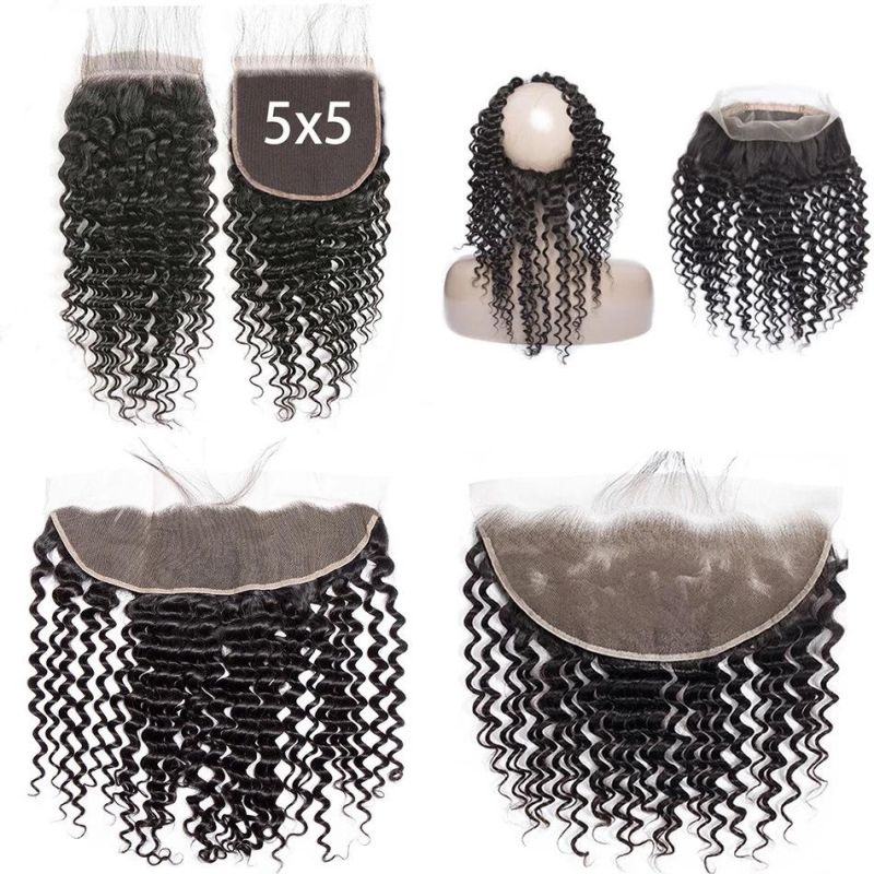 4X4 5X5 Deep Wave Lace Closure 13X4 13X6 Transparent Lace Frontal Closure Peruvian Curly Human Hair 360 Lace Frontal Factory Made Hair Wholesale