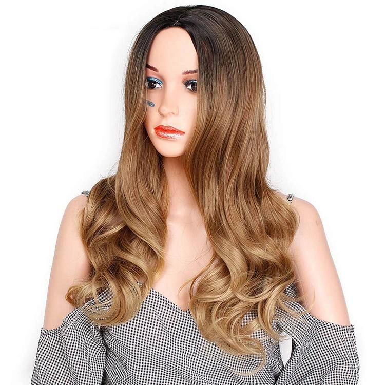 High Quality Body Wave Ombre Brown Dark Root Wigs Middle Part Long Wavy Synthetic Hair Wigs