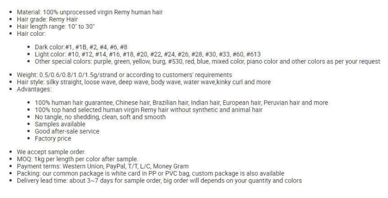 Human Remy Wholesale Unprocessed Pre-Bonded Full Ending I/U/Flat Tip Hair Extensions