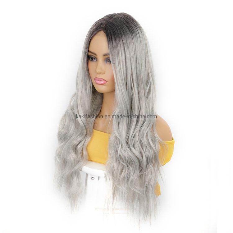 Lace Long Body Wavy Wig 26 Inch Ombre Grey Daily Party Use Heat Resisitant Synthetic Fiber