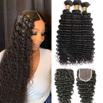 Kbeth 4X4 Deep Wave Closure Cheap Deals Deep Wave Bundles with Closure 100% Virgin Human Hair Bundles with Lace Frontal Closure