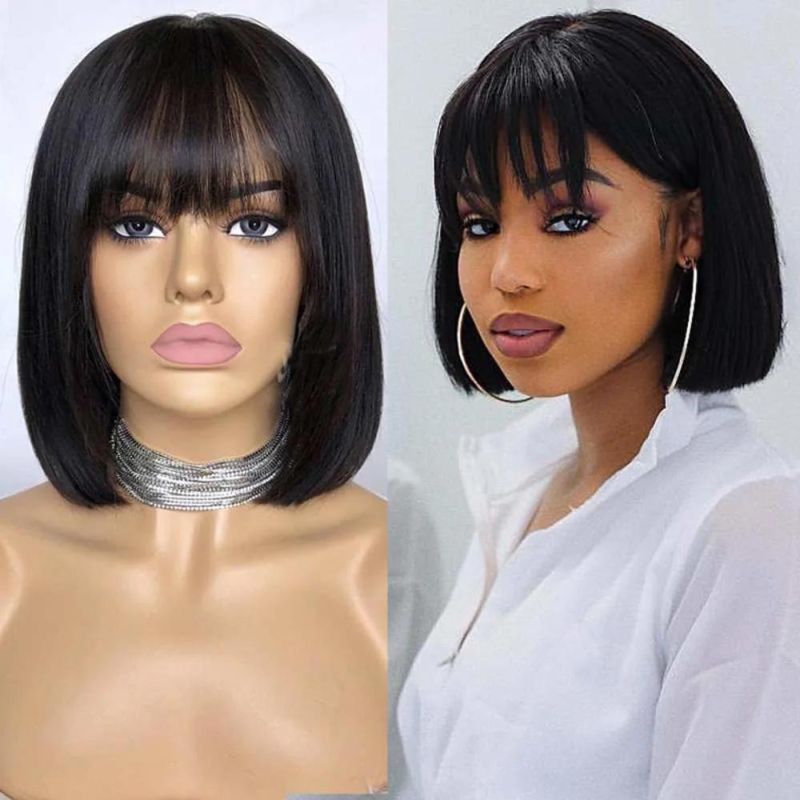 Short Straight Bob Human Hair Wig with Bang 150% Density Short Lace Front Wig for Women Natural Color