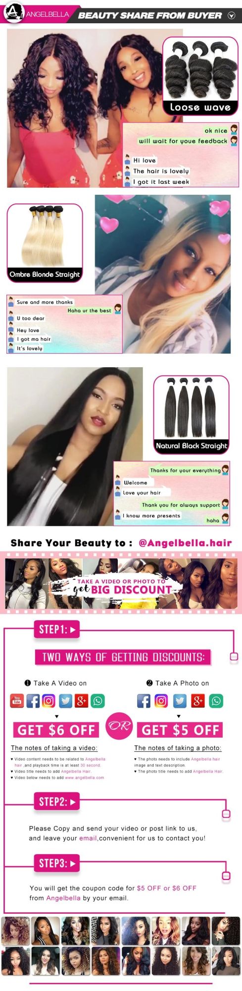 Angelbella 100% Virgin Brazilian Human Hair Extension 1b# Pissy Curl Hair Weaving