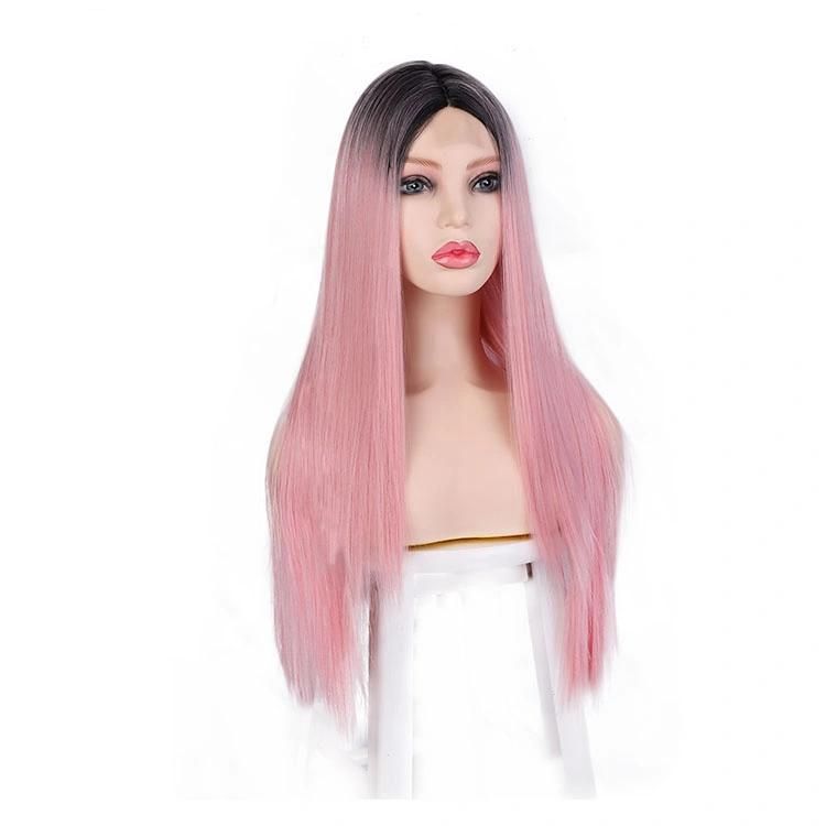 Wholesale Human Hair Ombre Pink Synthetic Long Lace Straight Wigs 26inch