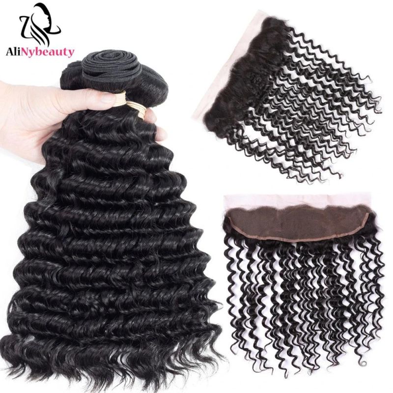 Deep Wave Brazilian Human Hair Bundles with 13X4 Lace Frontal