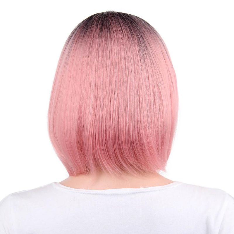 Kaki Hair New Women Fashion Ombre Pink Short Straight Synthetic Hair Wigs Bobo Wig 14 Inch