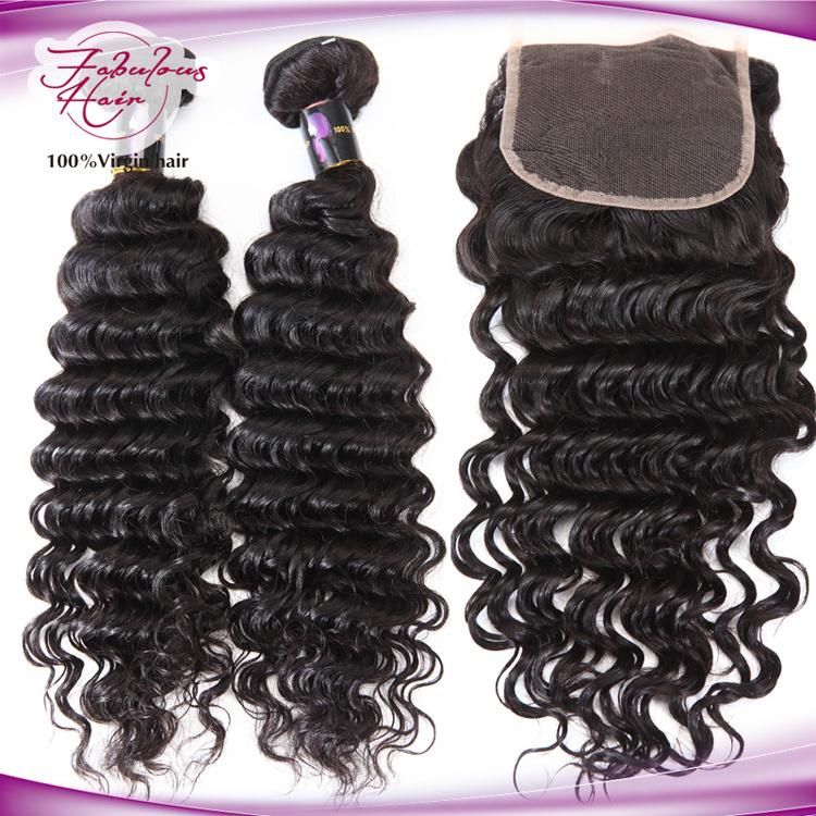 Brazilian Virgin Human Hair Deep Wave Bundles with Lace Closure