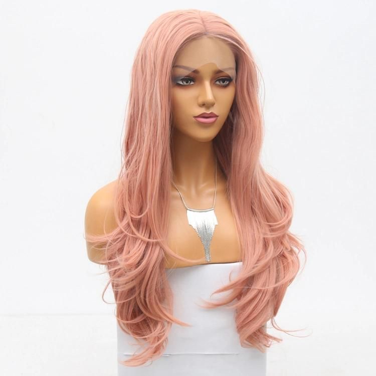 China Wig Synthetic Fiber Lace Frontal Long Natural Wavy Pink Hair Wig