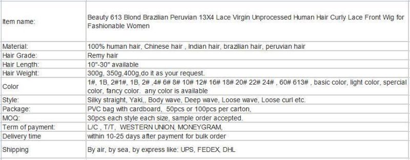 Beauty 613 Blond Brazilian Peruvian 13X4 Lace Virgin Unprocessed Human Hair Curly Lace Front Wig for Fashionable Women