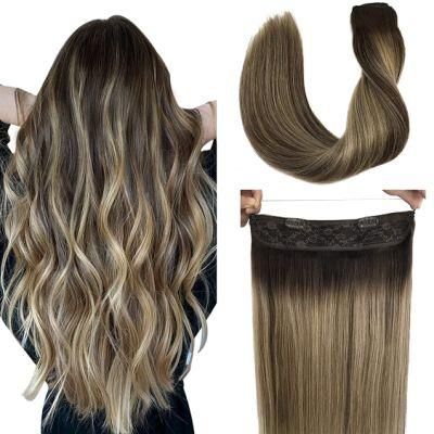 Hair Extensions Human Hair Chocolate Brown to Honey Blonde 16 Inch Natural Hairpiece Hidden Crown Hair Extensions with Transparent Fish Line