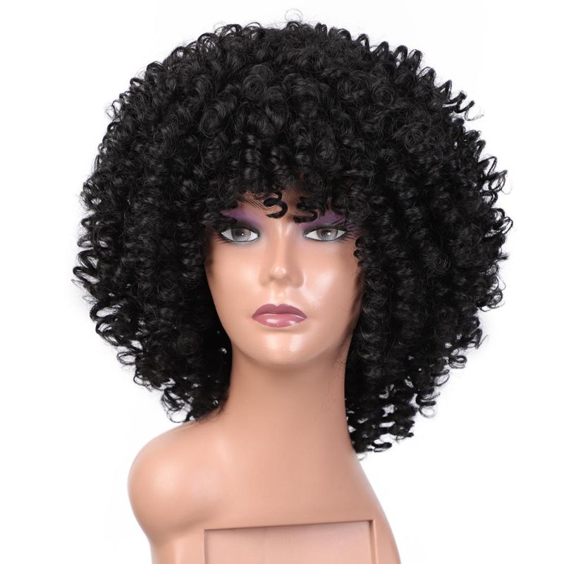 Wholesales Afro Curly Wigs Synthetic Short Wigs with Bangs Human Hair Wig