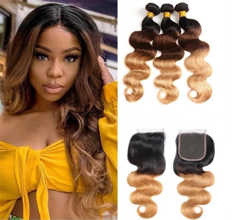 Top Grade Colored Brazilian Body Wave Hair Weave 3/4 Bundles with Closure Blonde 1b/4/27 Remy Ombre Human Bundles with Lace Closure Wholesale Hair
