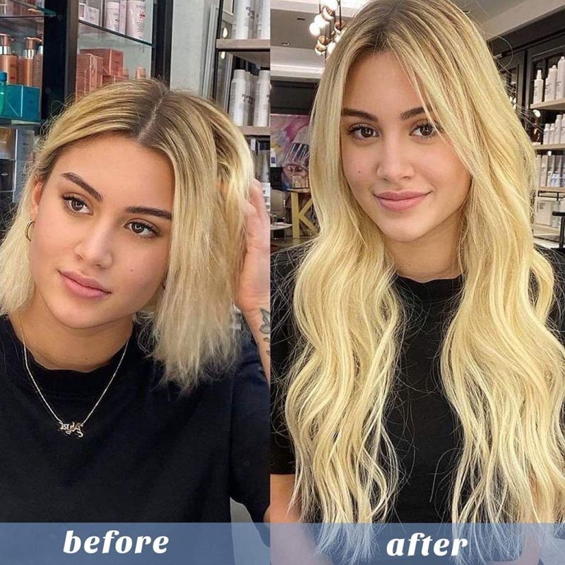 Human Hair Extensions Ash Blonde to Golden Blonde Mixed Platinum Blonde 14 Inch in Straight Hidden Crown Extension with Transparent Fish Line Invisible Hairpece