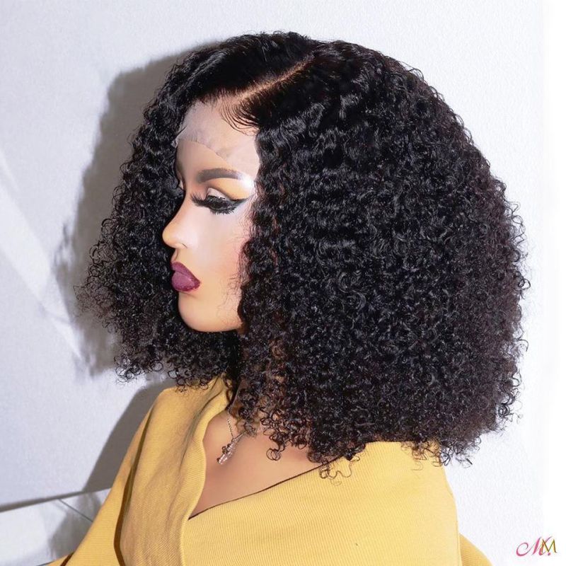 100% Brazilian Virgin Human Hair Short Afro Kinky Curly Bob Lace Front Wigs, 13X4 8 10 12 14 Inches Wavy Curly Bob Full Lace Wig