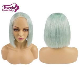 100% Brazilian Virgin Human Hair Glueless Wig Cosplay Light Cyan Bob Lace Front Wig