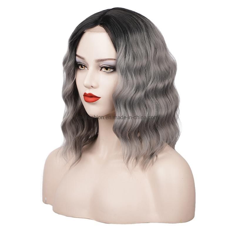 Kaki Hair 15 Inch Middle Part Short Body Wave Grey Wigs Lace Wigs Synthetic Hair Wigs for Black Women