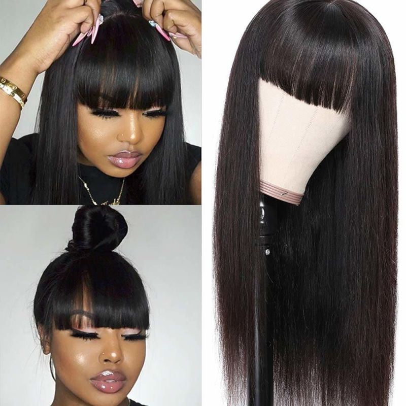 Silky Brazilian Virgin Straight Wigs with Bangs 130% Density None Lace Front Wigs Glueless Machine Made Wigs for Black Women Natural Color