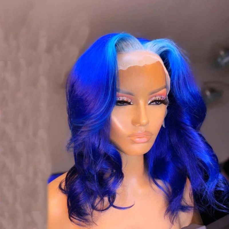 Blue Lace Part Front Wig Human Hair Wig Light Blue Colored Human Hair Wave Wigs Lace Remy Wig 150% for Women 18 Inches