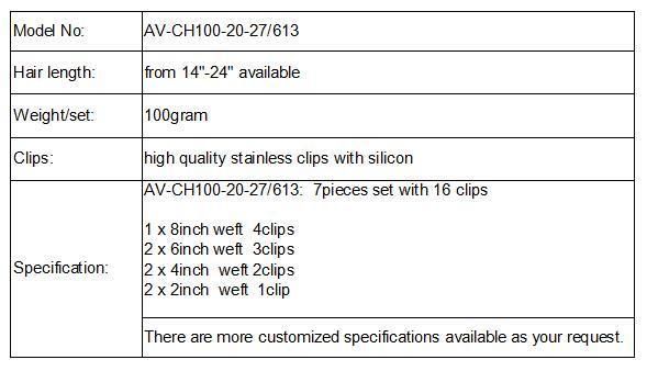 100% Virgin Hair 7PCS 100gram Clip in Human Hair Extension (AV-CH100-20-27/613)
