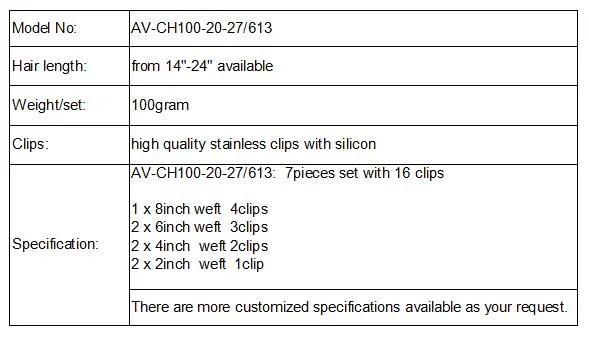 Clip in Human Hair Extension 7PCS 100gram 100% Virgin Hair Extension (AV-CH100-20-27/613)