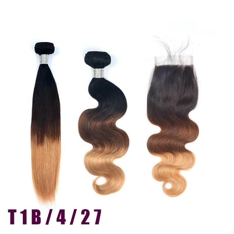 10A Ombre Body Wave Human Hair Bundles with 4X4 Lace Closure Remy Hair Extension Brown and Black T1b/4/27 for Sexy Women 26" Size