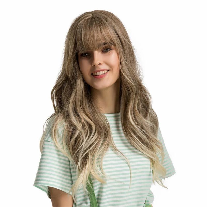 Women Synthetic Wigs Long Wavy Blond with Fluffy Air Bangs Light