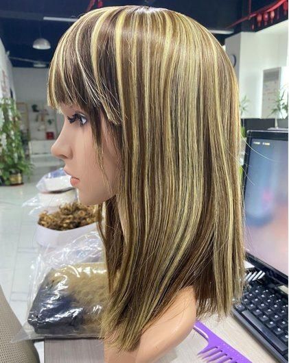 Highlight Color Bob Wig Brazilian Human Hair Wig with Bang Human Hair Lace Front Wigs