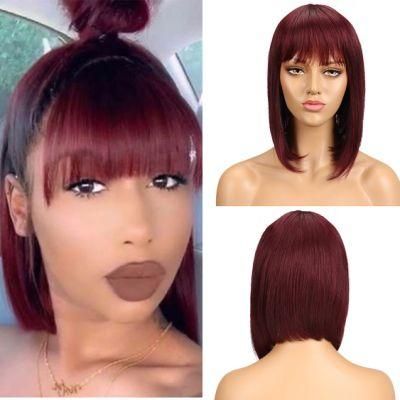 Short Bob Wig with Bang Straight Human Hair with Bang Brazilian Virgin Hair Wig for Women Red Color Wig