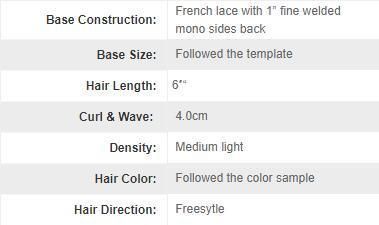 Men′s Hair System French Lace with a 1" Fine Welded Mono Back Sides