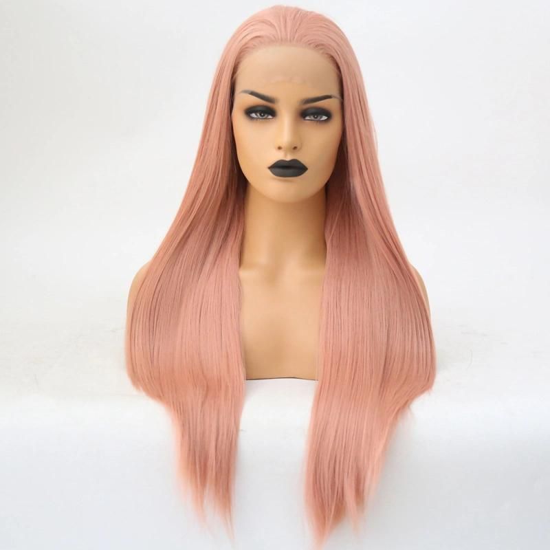 China Wig Synthetic Fiber Lace Frontal Long Straight Pink Natural Hair Wig