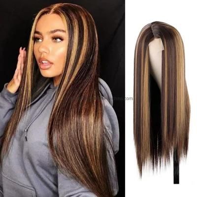 Kaki Hair Cheap Long Straight Front Lace Brown Mixed Blonde Ombre Wigs Synthetic Highlight Hair Wigs