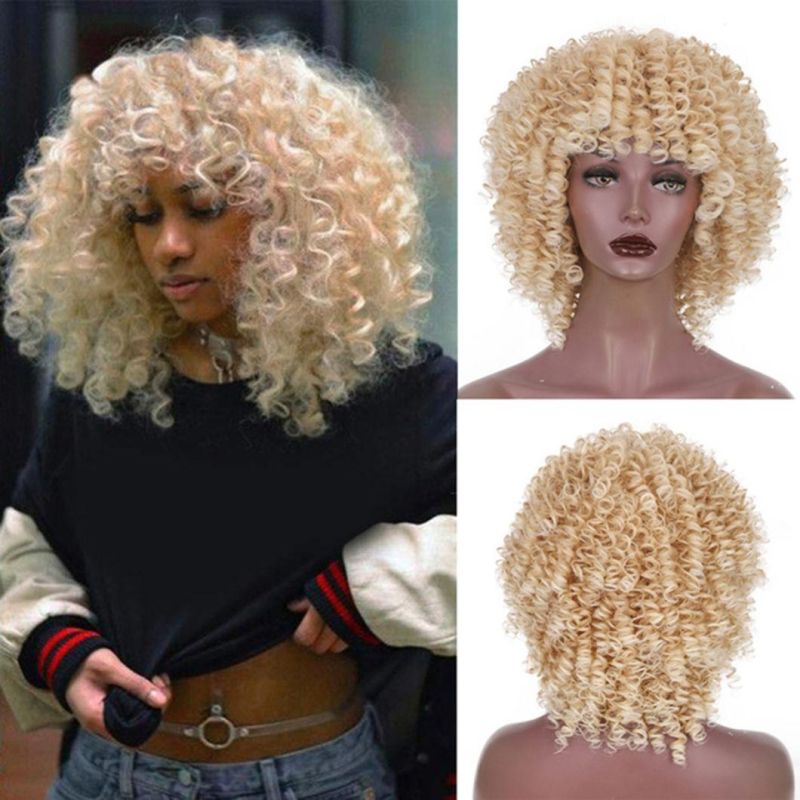 Synthetic Wigs Short Blonde Wig Afro Kinky Curly Wigs with Bangs for Black Women Blonde Highlight Wigs