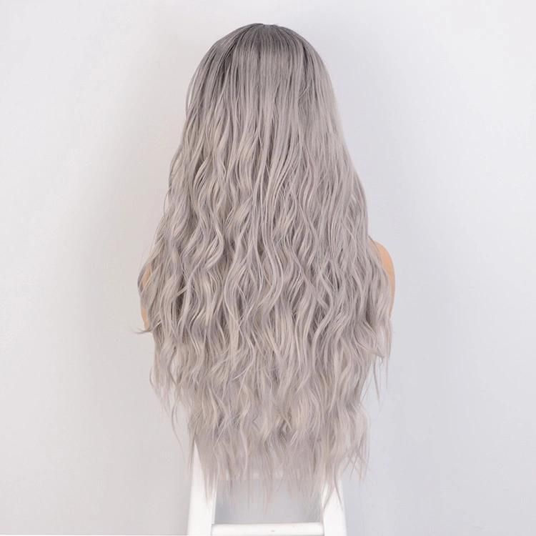 Heat Resistant Synthetic Fiber Cosplay Curly Long Wavy Ombre Gray Body Wave Hair Wigs
