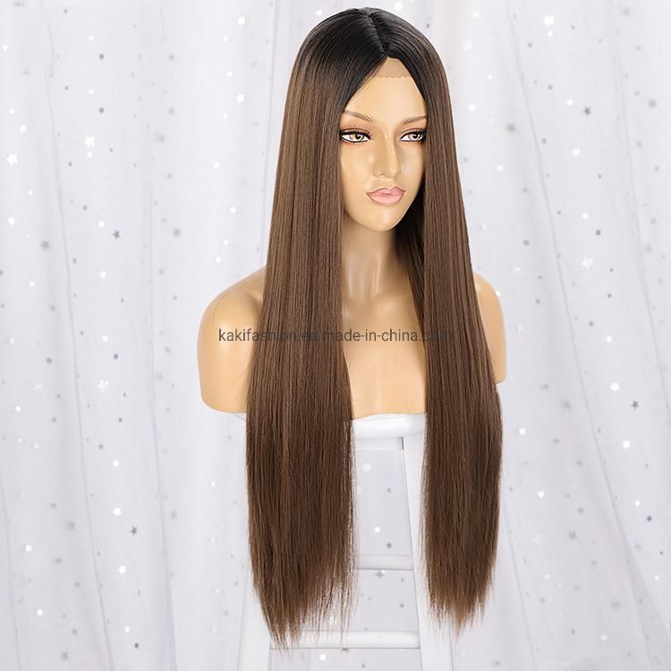 Cheap Long Silky Straight Wave Ombre Brown Middle Part Lace Front Synthetic Hair Wigs