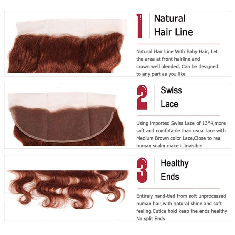 Brazilian Human Hair Bundles with Frontal Lace Auburn Brown Body Wave Non-Remy 100% Human Hair Weaves Bundle with Closure