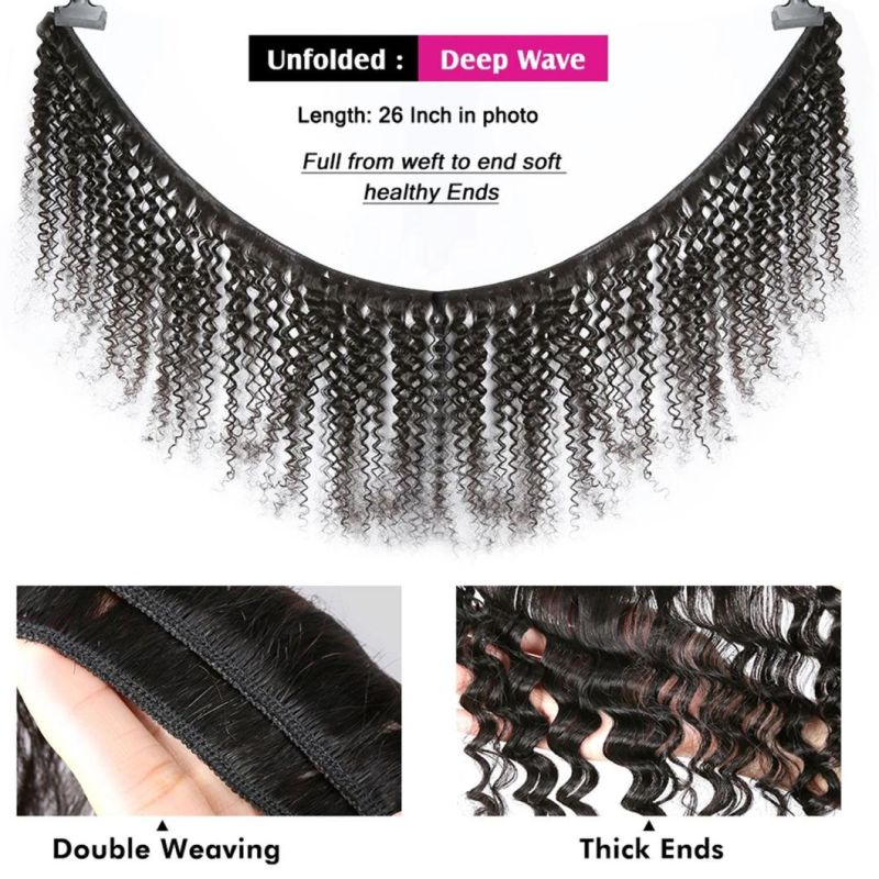 Deep Wave Bundles with Closure Brazilian Curly 100%Human Hair Water Wave Bundles Weave and Lace Frontal Remy 32 Inches