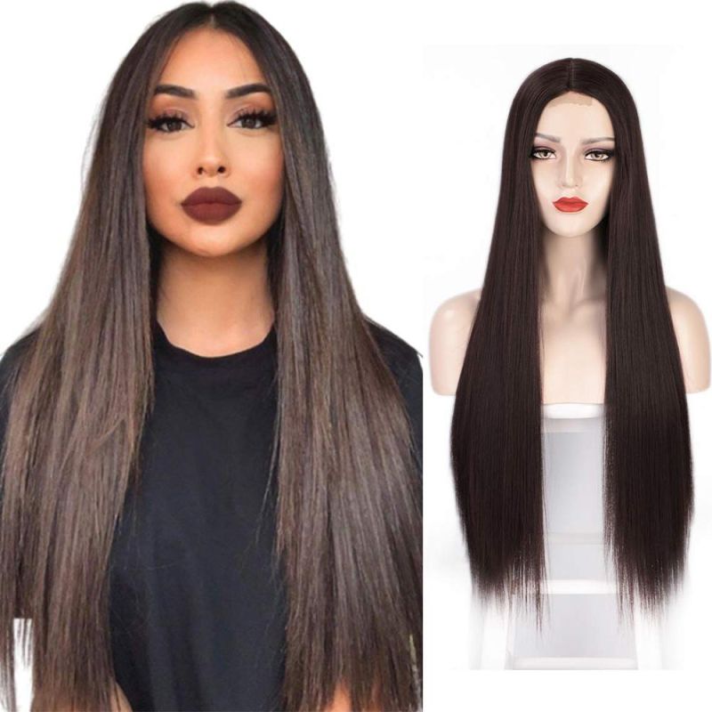 28inch Dark Brown Long Silky Straight Wig Middle Part Lace Wigs Synthetic Wigs