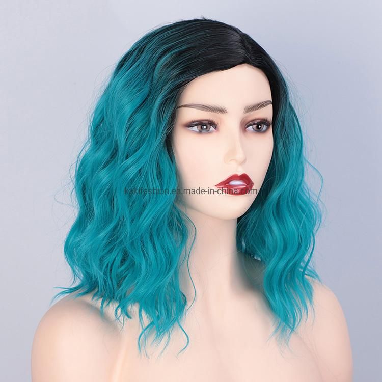 Kakiifahion Hair New Design Vendor Wholesale Curly Water Wave Ombre Blue Body Wave Bob for Black Women Synthetic Hair Wigs