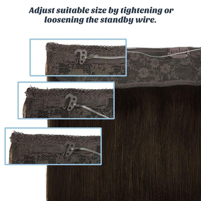 Hair Extensions Human Hair Dark Brown 14 Inch Remy Wire Hair Extensions Hairpiece Straight Natural Hidden Crown with Transparent Fish Line Invisible