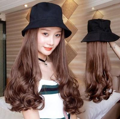 2020 Black Color 22&prime;&prime; Popular Fashion Synthetic Wig with a Fisherman Bucket Hat for Young Ladies