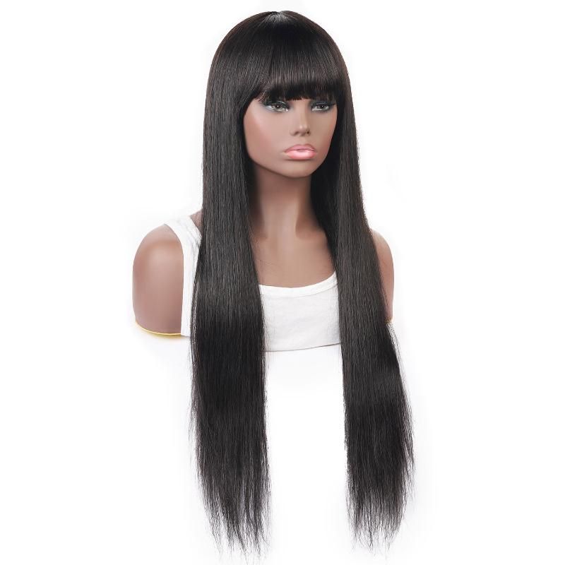 Long Straight Natural Color Straight Highlight Bangs Wig Human Hair Machine Made None Lace Wig