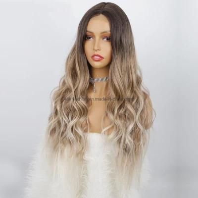 Heat Resistant Synthetic Fiber Lace Hair Wig with Ombre Brown Dark Root Curly Long Body Wavy