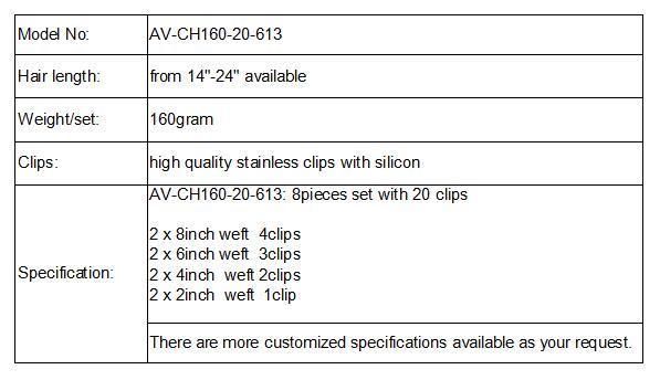 Double Weft Human Hair Extensions 8pieces 20clips for Full Head Set Clip in Human Hair (AV-CH160-20-613)