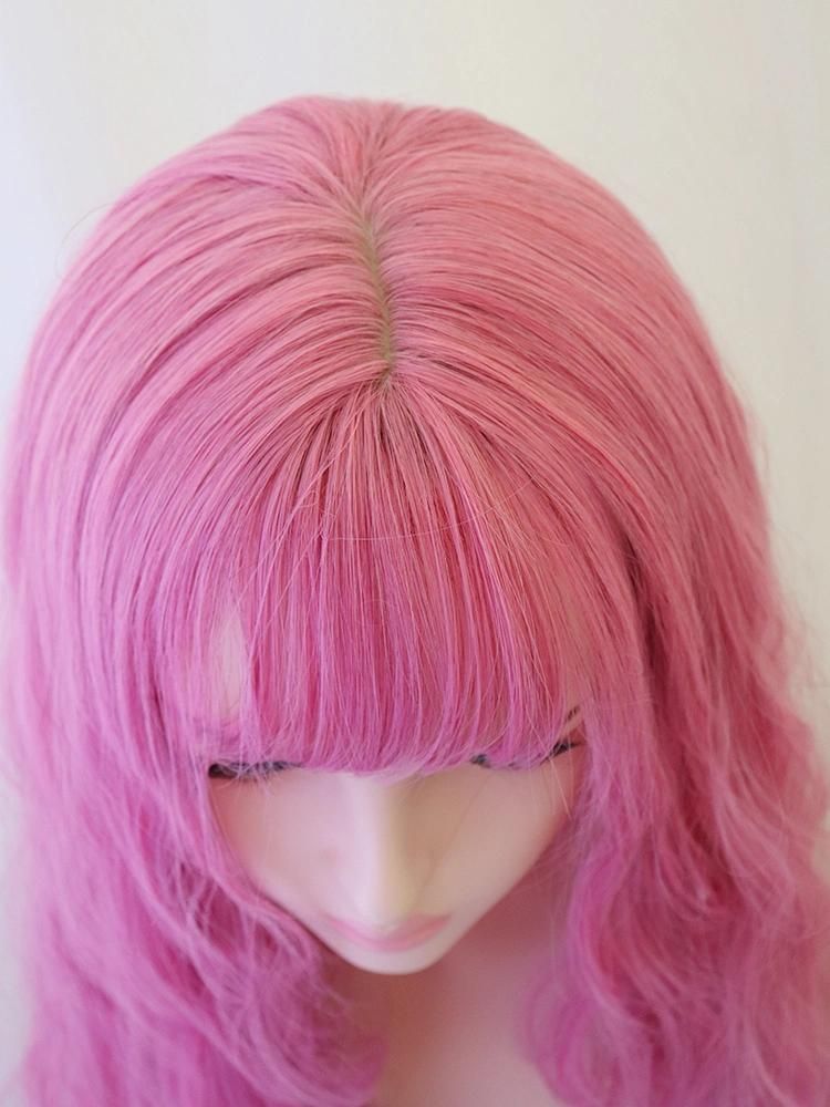 26 Inch Cute Pink Long Body Wavy Curly Wigs Hair with Air Bangs Fluffy Natural Lolita Wig for Women
