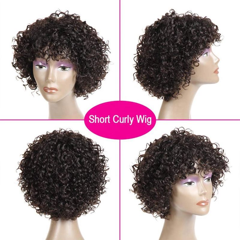 Kbeth Scalp Base Top Full Machine Made Cheap Jerry Mongolian Curly Human Hair Wigs Short Remy Brazilian Pixie Wigs with Bangs