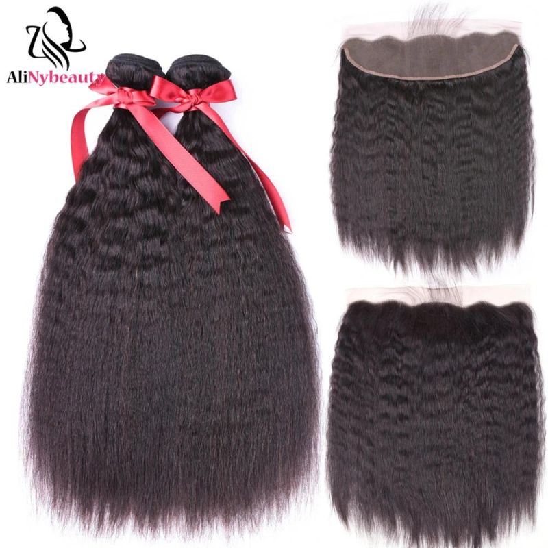 Kinky Straight Human Hair Weave Bundles with Lace Frontal
